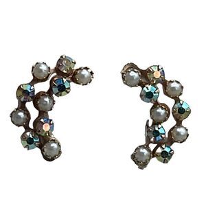 Vintage climber clip style earrings with AB stones and faux pearls.